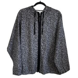 J. Jill Fit Floral Full Zip Lightweight Jacket Hooded Sz XL Black White Stretch